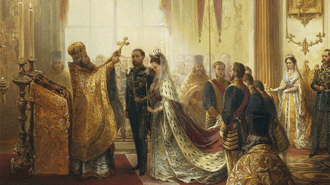 Boda del príncipe Alfredo y la duquesa Maria Alexandrovna en el Palacio de Invierno de San Petersburgo en 1874.